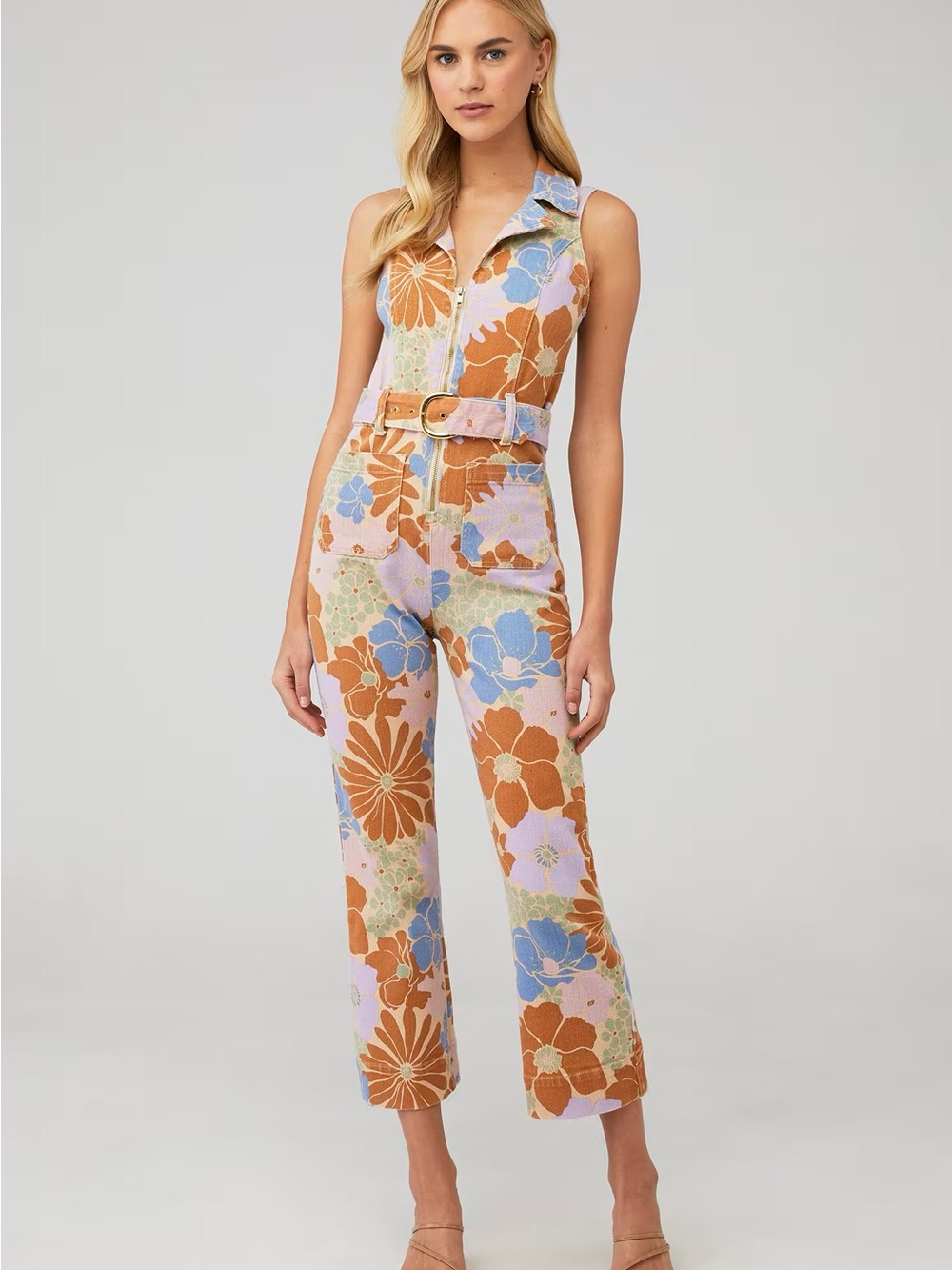 Show Me Your MuMu Floral Zip Jacksonville Jumpsuit in Blue, Tan & Lavender